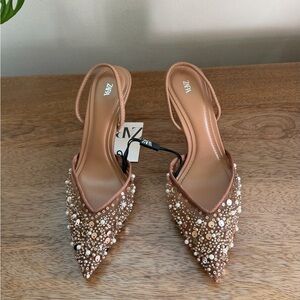 Zara Women's Beaded Nude Slingback Heels